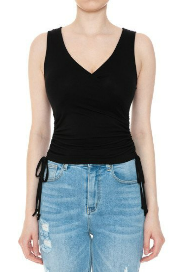 Black V-Neck Side Ruching Sleeveless Surplice Tank