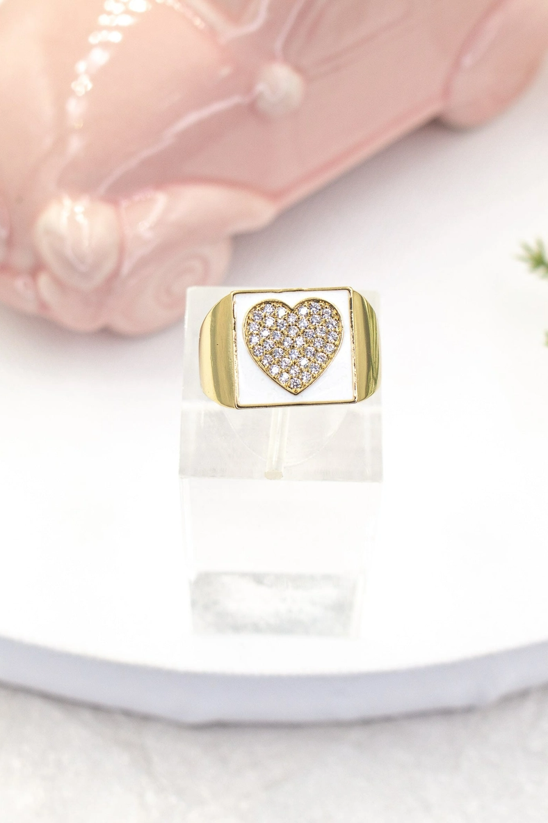 Micro Pave Cubic Zirconia Heart Square Ring