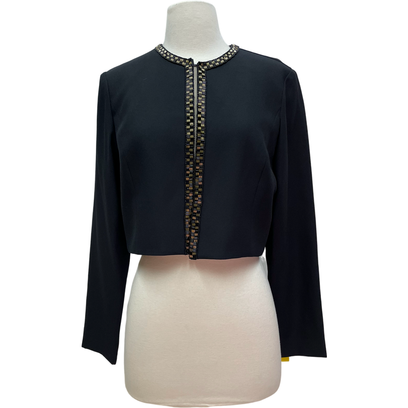 Rozae Nichols Bolero Jacket Cropped Retro Style Shiny Black 2024 Exaggerated Collar