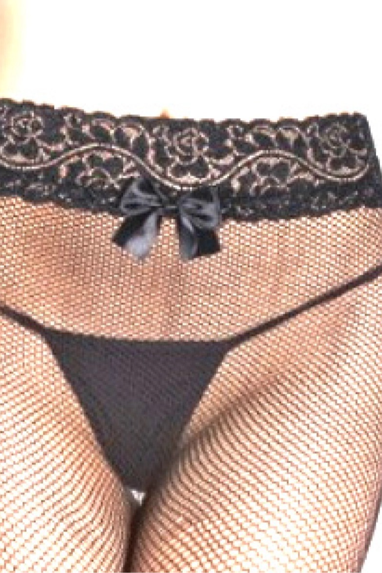 Fishnet Tights with Lace Band and Bow