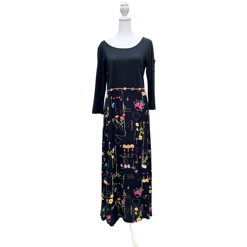 Vintage Black Button Floral Skirt Dress