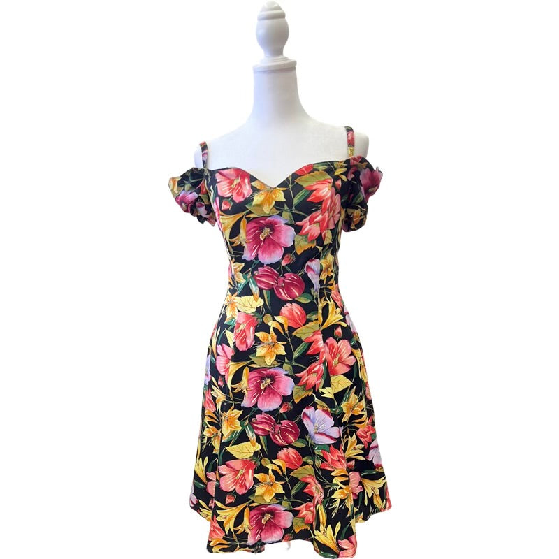 Vintage Black Off Shoulder Floral Mini Dress