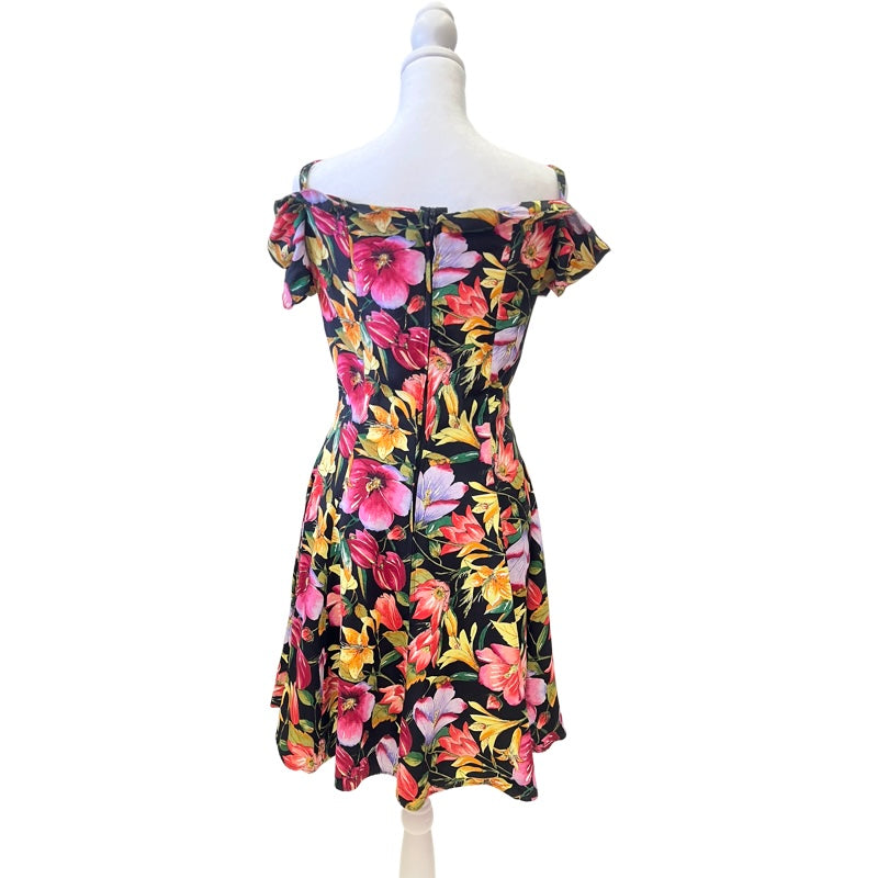 Vintage Black Off Shoulder Floral Mini Dress