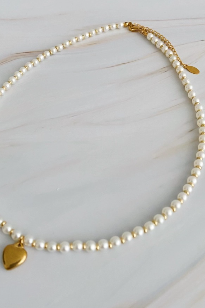 Pearl and Gold Bauble Heart Necklace