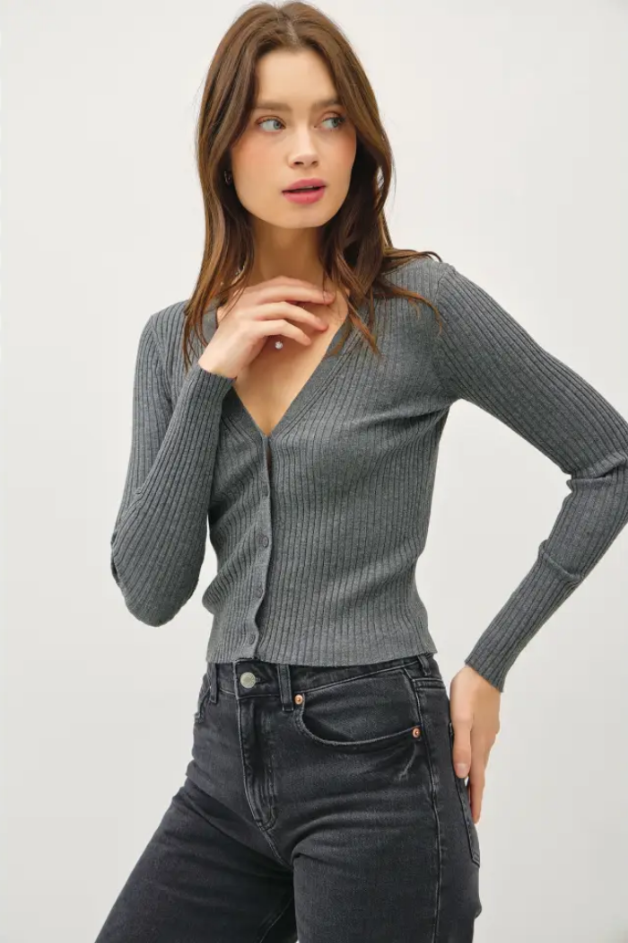 Ribbed V-Neck Slim Cardigan