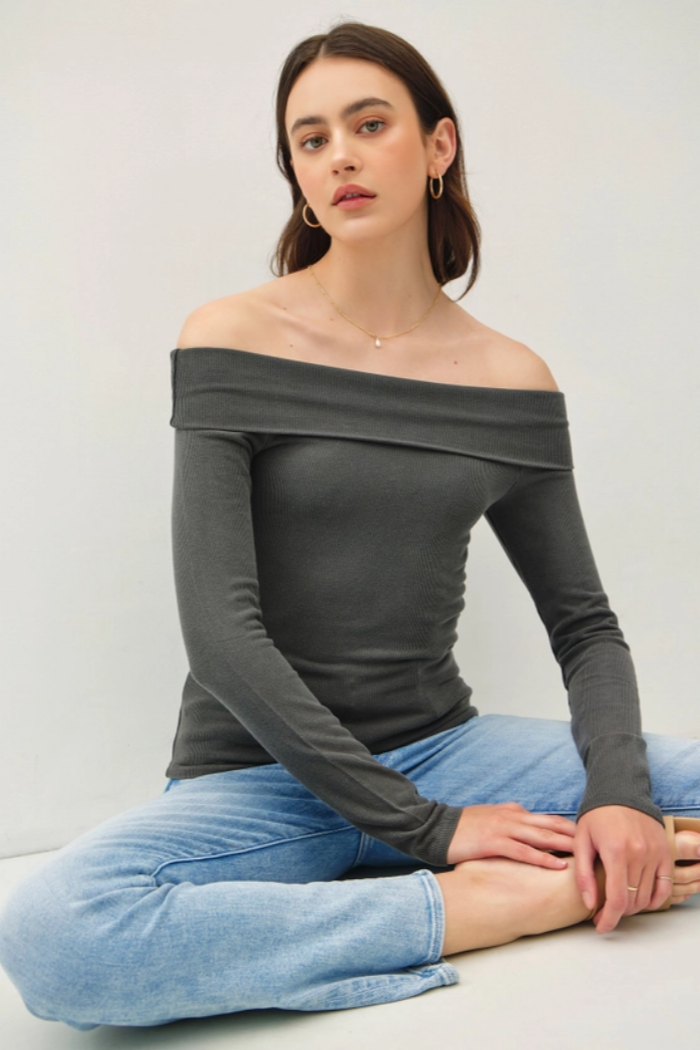 Soft Solid Off Shoulder Long Sleeve Top