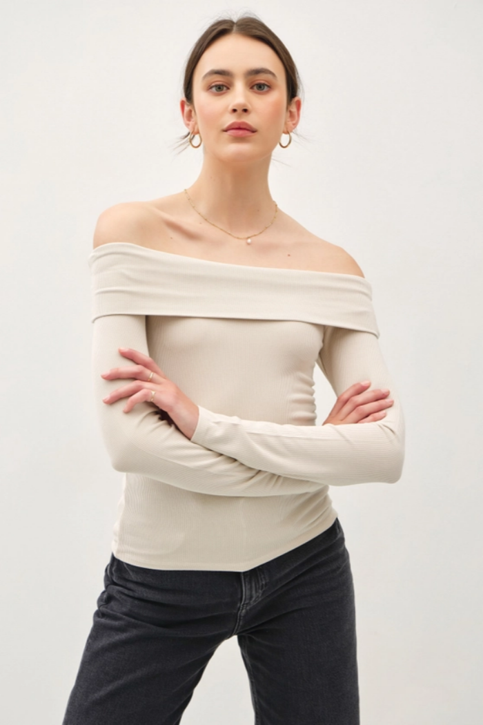 Soft Solid Off Shoulder Long Sleeve Top