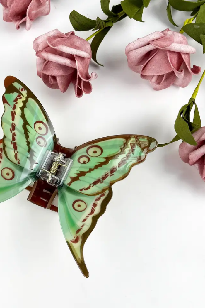 Green and Brown Printed Butterfly Hair Clip