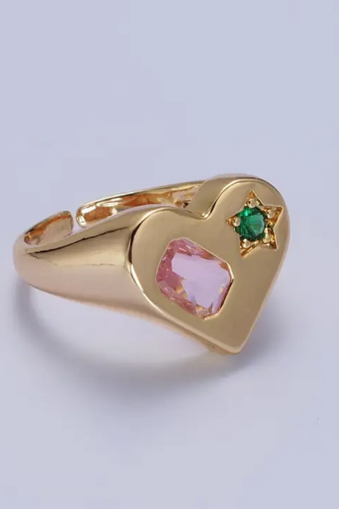 Gold Heart Signet Ring with Pink & Green Cubic Zirconia Bagu